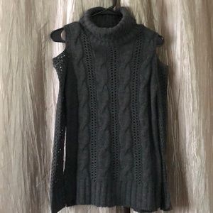 Charcoal knit turtleneck sweater w cutout shoulder